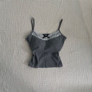 coquette grey cami with white lace trim